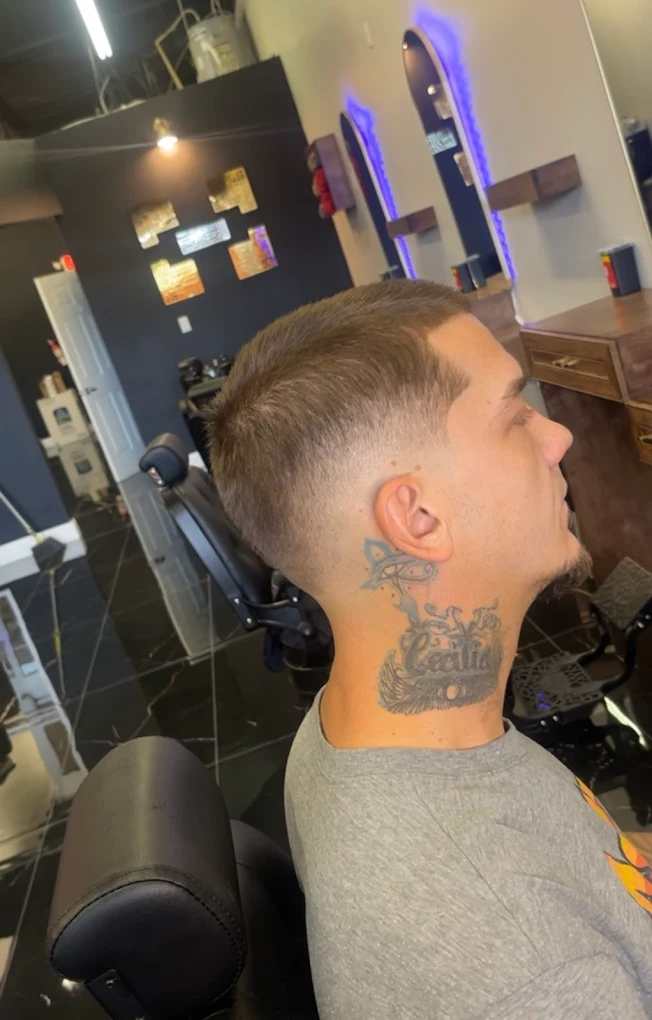 Clean side fade with sharp neckline